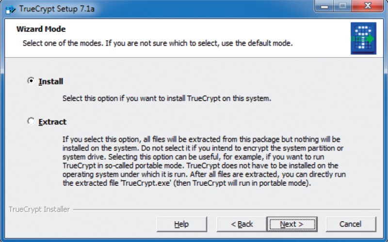 Installierte oder portable Version: „Install“ richtet Truecrypt auf dem PC ein. Die Option „Extract“ erstellt bei Bedarf eine portable Version von Truecrypt.