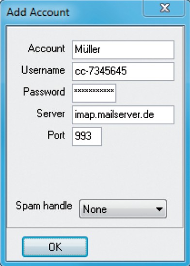 Account konfigurieren: Tragen Sie hier die Zugangsdaten zu Ihrem IMAP-Konto ein, damit IMAP Size darauf zugreifen kann.