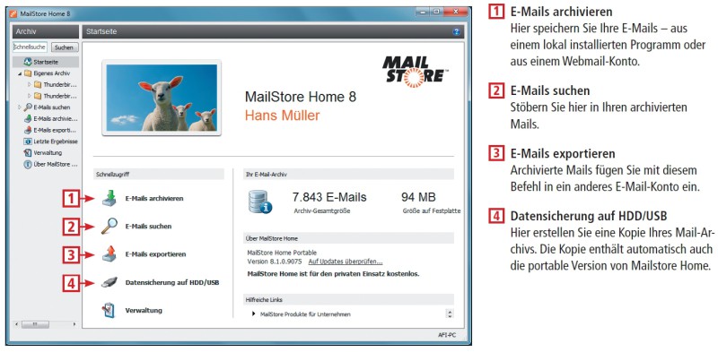 So geht’s: Mailstore Home speichert Ihre E-Mails aus Thunderbird, Outlook, GMX oder Web.de auf Ihrer Festplatte. Das Archiv lässt sich lokal durchsuchen und in ein anderes Mail-Konto exportieren.