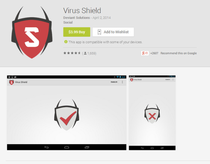 Virus Shield: Die Android-App verfügt über nur eine einzige Funktion – einen nutzlosen Knopf, der den Virenschutz aktivieren soll.