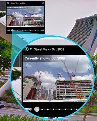 Zeitreise mit Street View: Ein Klick auf das Uhren-Symbol links oben blendet frühere Aufnahmen ein.