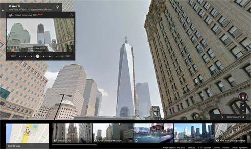 Street View in Google Maps zeigte bislang immer nur die aktuellsten Aufnahmen an. Nun kann man sich mit Google auf Zeitreise begeben und bi szu sieben Jahre alte Fotos ansehen.