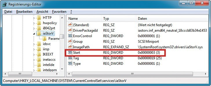 Registry anpassen: Der RAID-Treiber für den Intel-Chipsatz (Z68, H77, Z77) muss beim Windows-Start aktiviert werden. Ändern Sie in der Registry den Wert „Start“ von „3“ auf 0 (Bild 8).