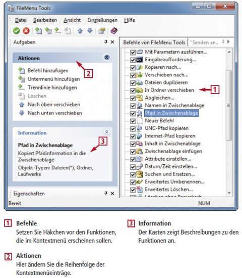 So geht’s: Die Tool-Sammlung Filemenu Tools erweitert das Kontextmenü von Dateien und Ordnern (kostenlos,www.lopesoft.com). Der Kontextmenüeintrag „FileMenu Tools, Einstellungen für FileMenu Tools“ öffnet dieses Konfigurationsfenster (Bild 5).