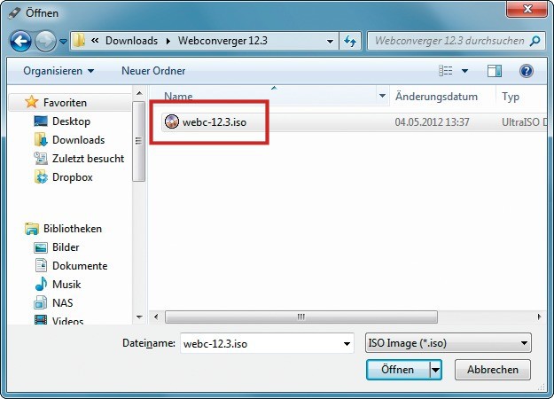 ISO-Datei in Rufus angeben: Die ISO-Datei, die Webconverger 12.3 enthält, heißt „webc-12.3.iso“. Sie finden sie in Ihrem Download-Ordner.