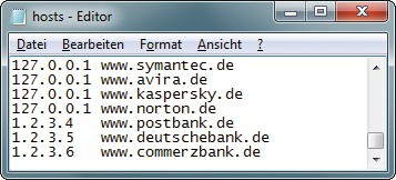 Missbrauchte Hosts-Datei: Kriminelle manipulieren die Hosts-Datei und unterbinden so etwa den Besuch der Symantec-Seite (Bild 7).