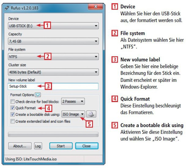 So geht’s: Das kostenlose Tool Rufus formatiert USB-Sticks bootfähig. Dabei kopiert Rufus auch gleich die Boot-Dateien, die als DVD-Abbild im ISO-Format vorliegen, mit auf den Stick.