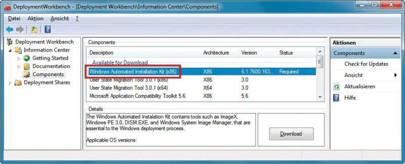 Automated Installation Kit (AIK) für Windows 7: Das Tool installieren Sie mit zwei Mausklicks direkt über das Microsoft Deployment Toolkit.