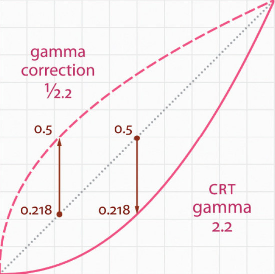 Gamma: Die untere Kurve zeigt den Helligkeitsverlauf eines Monitors, die obere die in Bilddateien eingerechnete Korrektur.