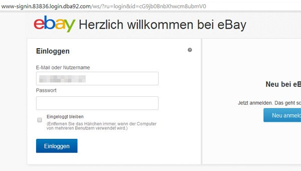 Gefälschte Ebay-Anmeldeseite: Der Nachbau sieht täuschend echt aus. Nur bei genauem Hinsehen erkennt man, dass die Web-Adresse keineswegs eine Ebay-Adresse ist.
