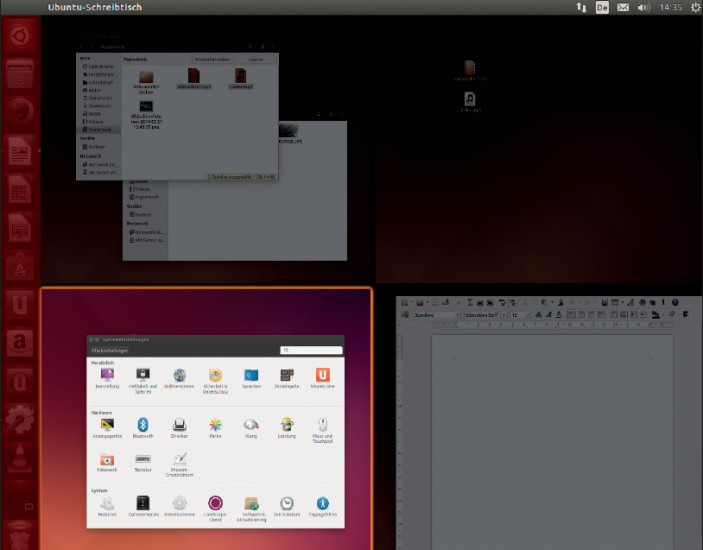 Virtuelle Desktops: In Ubuntu lassen sich bis zu vier Arbeitsflächen nutzen. Die Tastenkombination [Windows S] zeigt alle Arbeitsflächen an.