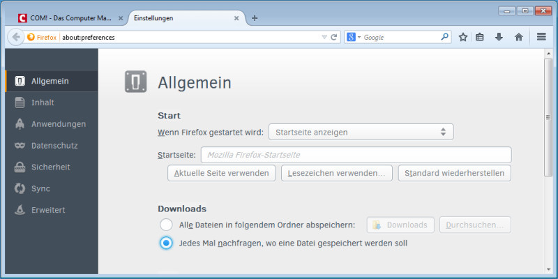 Einstellungen im Tab: Firefox 31 zeigt die Einstellungen auf Wunsch auch in einem Tab an.