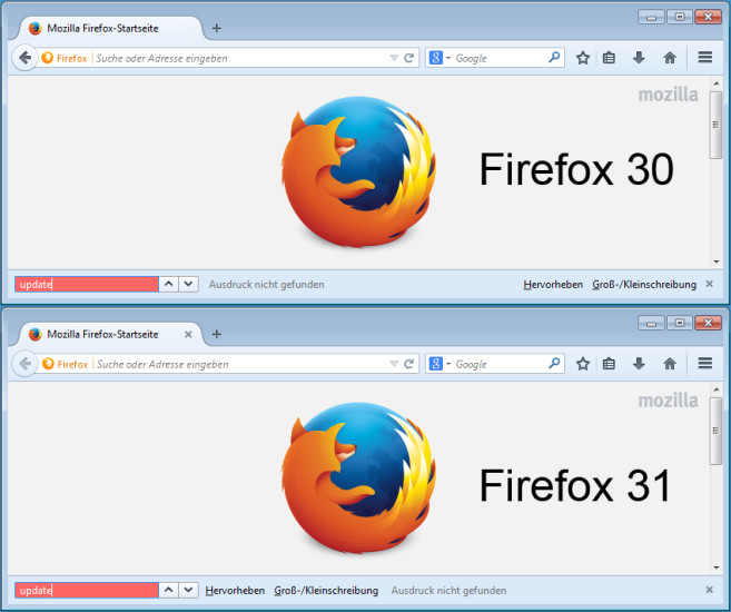 Firefox-Suche vorher und nachher: Die Schaltflächen "Hervorheben" und "Groß-/Kleinschreibung" rücken in der neuen Version direkt an das Suchfeld.