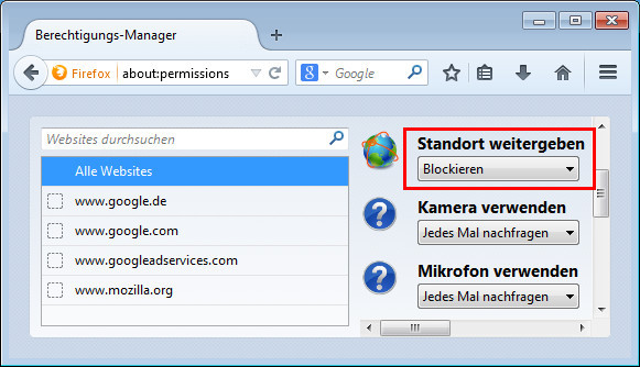 PC-Standort verbergen: In Firefox und im Internet Explorer lässt sich die Weitergabe des PC-Standorts an Webseiten blockieren.
