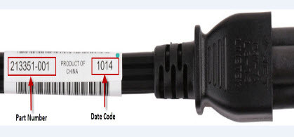 Angaben des Netzteil-Kabels: Die "Part Number" und den "Date Code" entnehmen Sie dem Aufkleber auf dem Kabel.