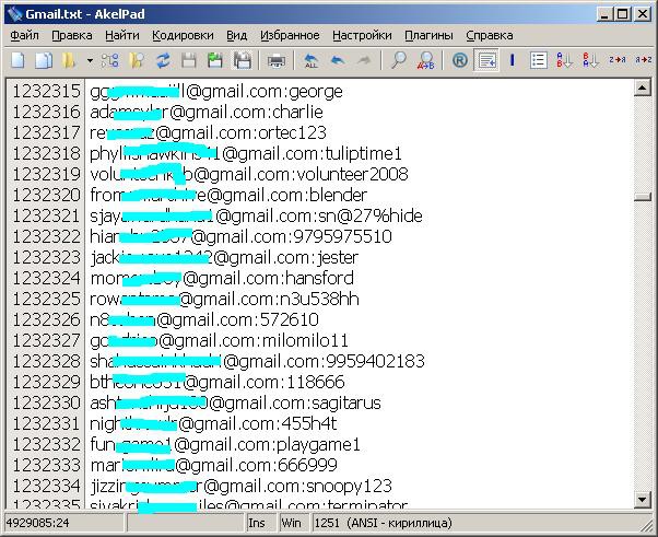 Veröffentlichte Gmail-Logins: Der Screenshot soll die Liste der gestohlenen Passwörter und Benutzernamen zeigen. Rund 5 Millionen Gmail-Konten sind betroffen.