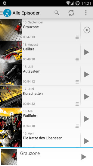 AntennaPod: Die kostenlose Android-App speichert den ARD Radio Tatort automatisch auf Ihrem Smartphone oder Tablet.