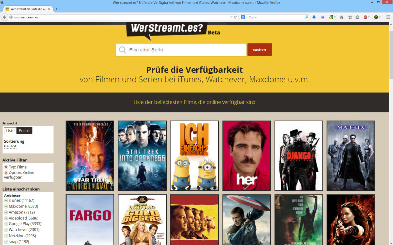 WerStreamt.es: Der kostenlose Online-Dienst findet rund 66.000 Filme und mehr als 5.000 Serien bei 10 verschiedenen Streaming-Anbietern.