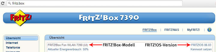 Firmware-Version herausfinden: Ihre Version von FritzOS finden Sie auf der Startseite der Router-Einstellungen, die Sie über die Adresse http://fritz.box im Browser erreichen.