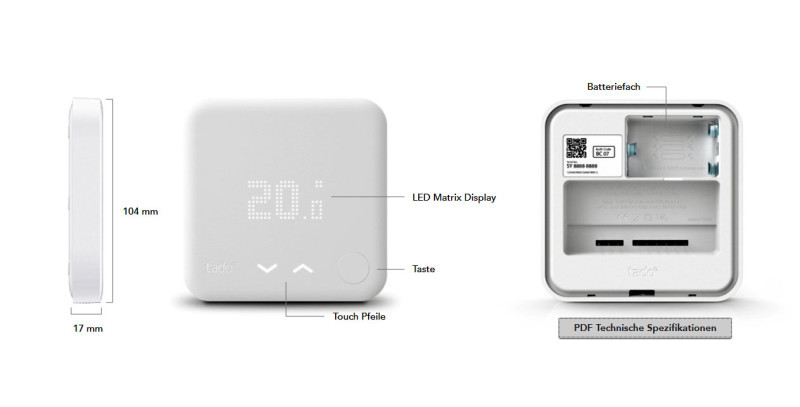 Tado-Thermostat: Das intelligente Heizungssystem hat ein LED-Matrix-Display und läuft mit drei AAA-Batterien.