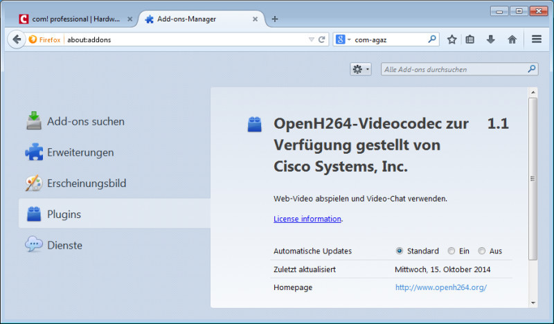 Support für OpenH264: Cisco stellt den OpenH264-Codec als Lizenz zur Verfügung. Firefox 33 installiert das Plugin automatisch beim ersten Start.