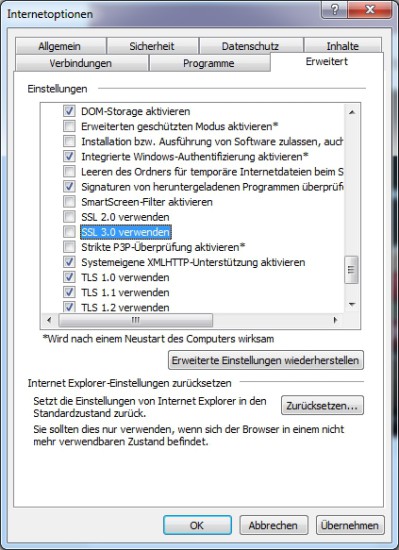 SSL 3.0 im Internet Explorer deaktivieren: In den Internetoptionen finden sich die ausgewählten SSL-Unterstützungen. 