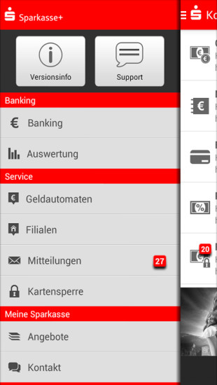 Sparkasse+: Sämtliche Funktionen der Banking-App sind über eine Sidebar bequem zugänglich.