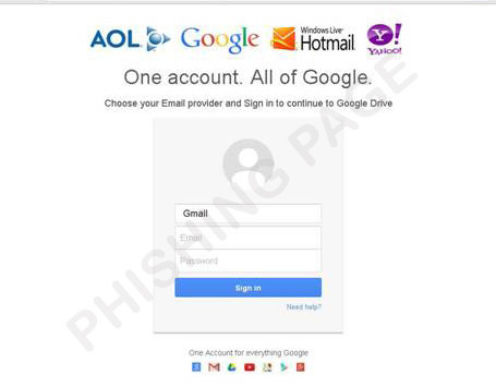 Gefälschte Anmelde-Seite: Im Gegensatz zum Original das ausschließlich Gmail-Adressen akzeptiert, unterstützt die Fake-Seite auch Adressen von AOL, Hotmail und Yahoo.