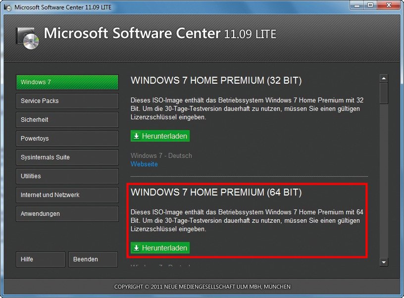 Microsoft Software Center lite: Nur die 64-Bit-Version von Windows 7 unterstützt UEFI. Das Microsoft Software Center Lite lädt das passende ISO-Image von Windows 7 herunter (Bild 3).