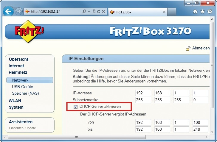 AVM Fritzbox 3270: Schalten Sie in Ihrem Router den DHCP-Server ein. Er verteilt an neue Netzwerkgeräte automatisch eine IP-Adresse (Bild 5)