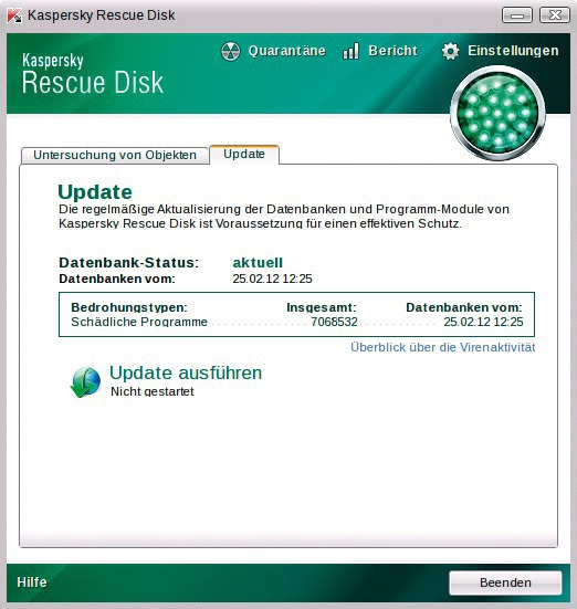 Kaspersky Rescue Disk 10 aktualisieren: Bevor Sie Ihren PC scannen, laden Sie die neuesten Virensignaturen herunter (Bild 5).