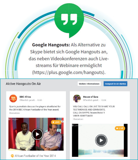 Google Hangouts: Als Alternative zu Skype bietet sich Google Hangouts an, das neben Videokonferenzen auch Livestreams für Webinare ermöglicht (https://plus.google.com/hangouts).