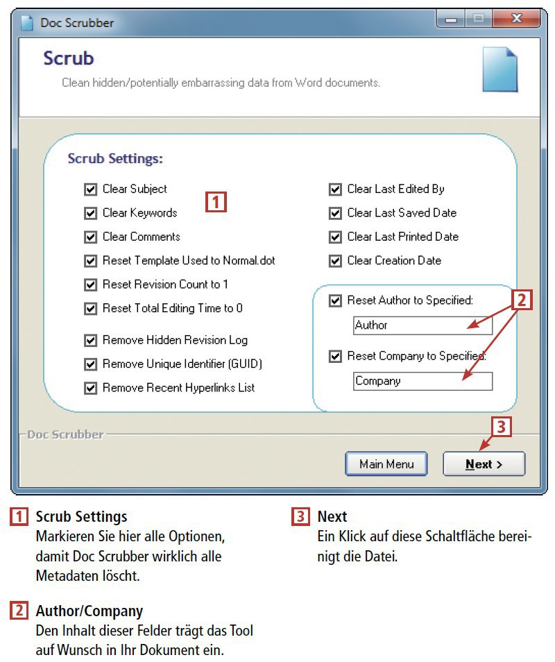 So geht’s: Doc Scrubber (kostenlos für Privatanwender, www.javacoolsoftware.com/docscrubber.html) entfernt alle Datenspuren aus Word-Dokumenten mit der Dateiendung .DOC (Bild 5).