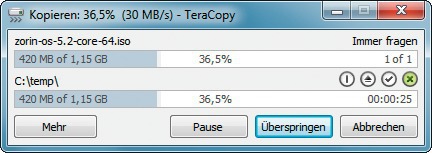 Erweiterte Funktionen: Teracopy ersetzt den Kopierdialog des Windows-Explorers und bietet auch einen „Pause“-Knopf an (Bild 16).