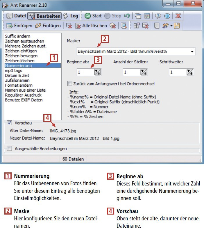 So geht’s: Ant Renamer benennt auch umfangreiche Dateisammlungen in einem Schwung um (kostenlos, www.antp.be/software/renamer). Die neuen Dateinamen lassen sich dabei bis ins Detail konfigurieren (Bild 19).