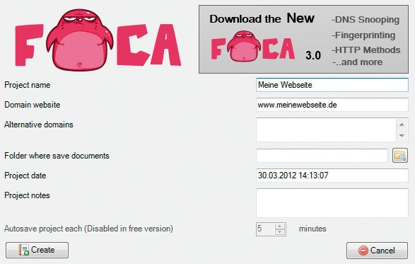 Neues Projekt anlegen: Das wichtigste Feld ist „Domain website“. Die hier eingegebene Adresse prüft Foca Free auf versteckte Metadaten (Bild 4).