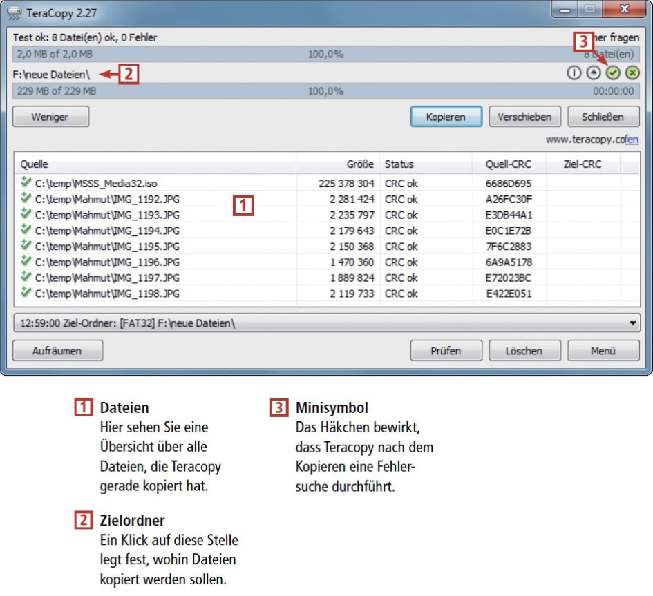 So geht’s: Teracopy erweitert die Kopierfunktion des Windows-Explorers (kostenlos, www.codesector.com/teracopy.php).So kopiert das Programm schneller und bietet Zusatzfunktionen wie einen „Pause“-Knopf an (Bild 17).