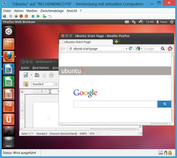 Virtuelle PCs mit Windows 8: Hier sehen Sie Ubuntu 12.04.1 LTS, das in einer virtuellen Maschine von Hyper-V läuft. Hyper-V ist in Windows 8 eingebaut.