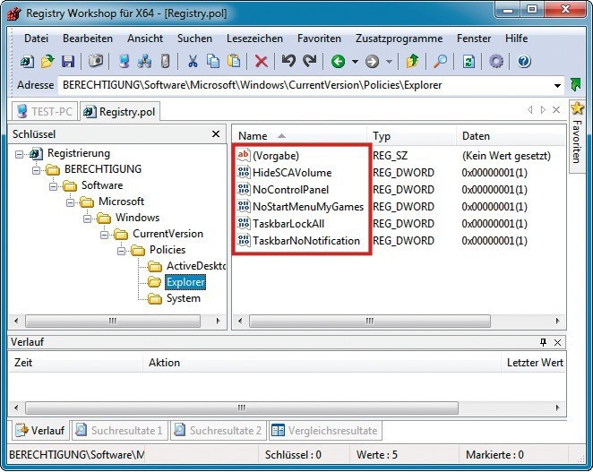 Einstellungen importieren: Der Schlüssel „Software“ in der Datei „Registry.pol“ enthält alle Einstellungen, die Sie mit Gpedit erstellt haben. Hier die Einstellungen für den Windows-Explorer.