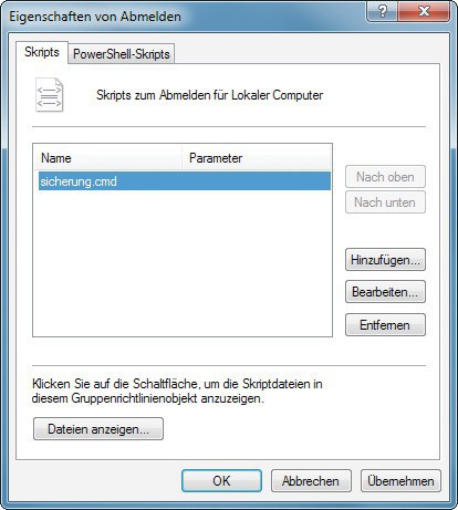 Tipp 1 — Abmeldeskripts ausführen: An dieser Stelle geben Sie die Batch-Datei an, die beim Herunterfahren von Windows automatisch ausgeführt werden soll.