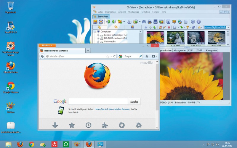 Desktop: Auf dem Desktop in Windows 8 fehlt das Startmenü und Fenster sind nicht mehr transparent.