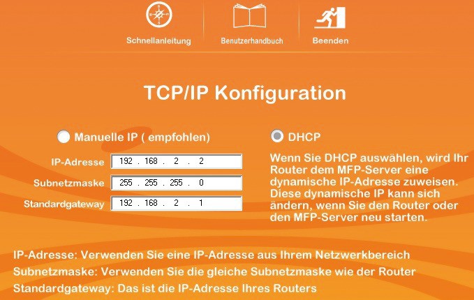 Printserver einrichten: Wählen Sie im Printer-Manager „DHCP“ aus, damit der Printserver vom Router eine dynamische IP-Adresse zugewiesen bekommt.