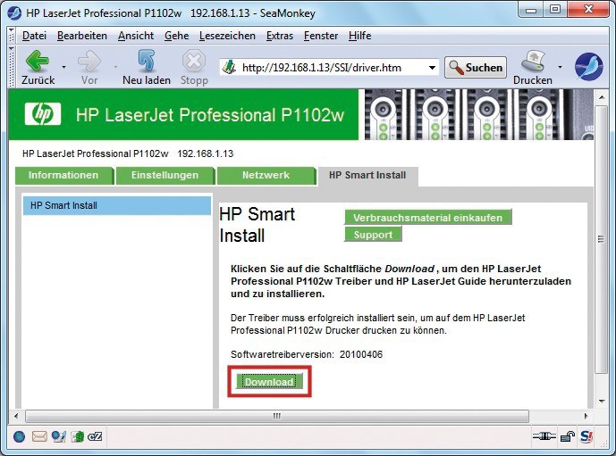 Treiber per Download: Der HP Laserjet P1102w stellt den Druckertreiber auf einer eigenen Webseite im lokalen Netz zur Verfügung.