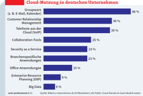 Cloud-Nutzung: Laut dem IT-Branchenverband Bitkom nutzten im letzten Jahr 16 Prozent der Unternehmen in Deutschland Public-Cloud-Dienste.
