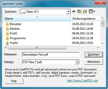 Cute PDF Writer: Nach der Druckerauswahl legen Sie hier einen Speicherort und einen Dateinamen fest.
