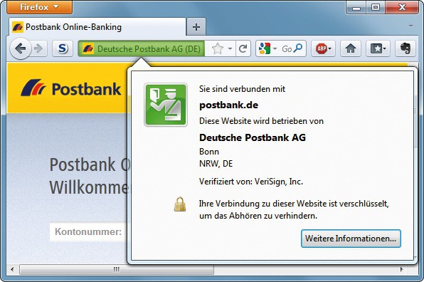 Zertifikats-Check: Ein Klick auf das grüne Feld oben in der Adressleiste öffnet ein Fenster mit Informationen über das Zertifikat der Postbank (Bild 1).