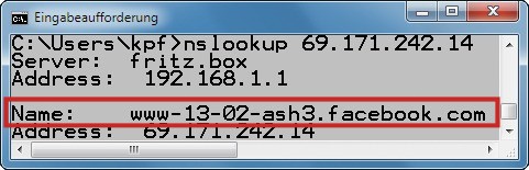 IP-Adresse in Domainnamen auflösen: Der Kommandozeilenbefehl nslookup zeigt, welcher Internetserver sich hinter einer IP-Adresse verbirgt — hier ein Server von Facebook (Bild 8).