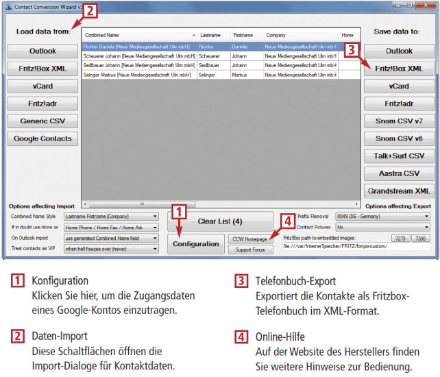 So geht’s: Contact Conversion Wizard 
Das kostenlose englischsprachige Tool Contact Conversion Wizard speichert Outlook- und Google-Kontakte in einer XML-Datei für das Fritzbox-Telefonbuch (Bild 4).