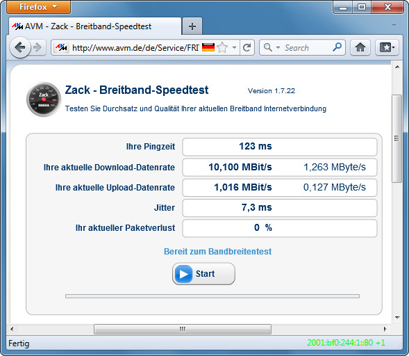 AVM Speedtest: Das Beispiel zeigt die typischen Werte einer 16-MBit-Leitung. Die tatsächliche Geschwindigkeit liegt bei 10,1 MBit/s.