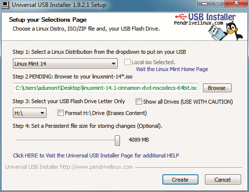 Universal USB Installer 1.9.2.1: Das Tool installiert Mint bootfähig auf einem USB-Stick und legt zusätzlich einen Speicherbereich an, in dem Änderungen und neue Programme gespeichert werden